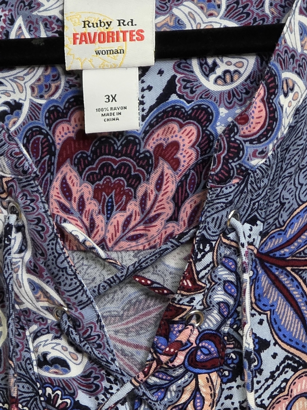 Ruby Rd. Paisley Lace-Up Top in Light Blue, Pink, Navy